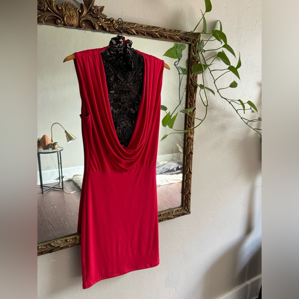 Arden B cocktail / black tie dress - draped neck, lace & bead detail, size S